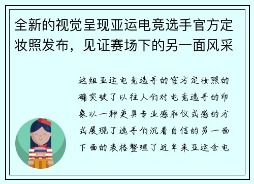 全新的视觉呈现亚运电竞选手官方定妆照发布，见证赛场下的另一面风采